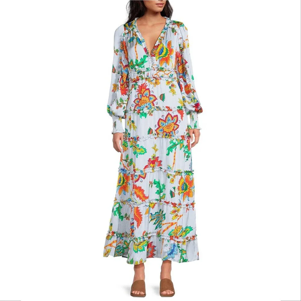 Chelsea & Violet Margaux Plisse V-neck Maxi DRESS Size XS Sky Floral NEW $159 - Picture 4 of 11